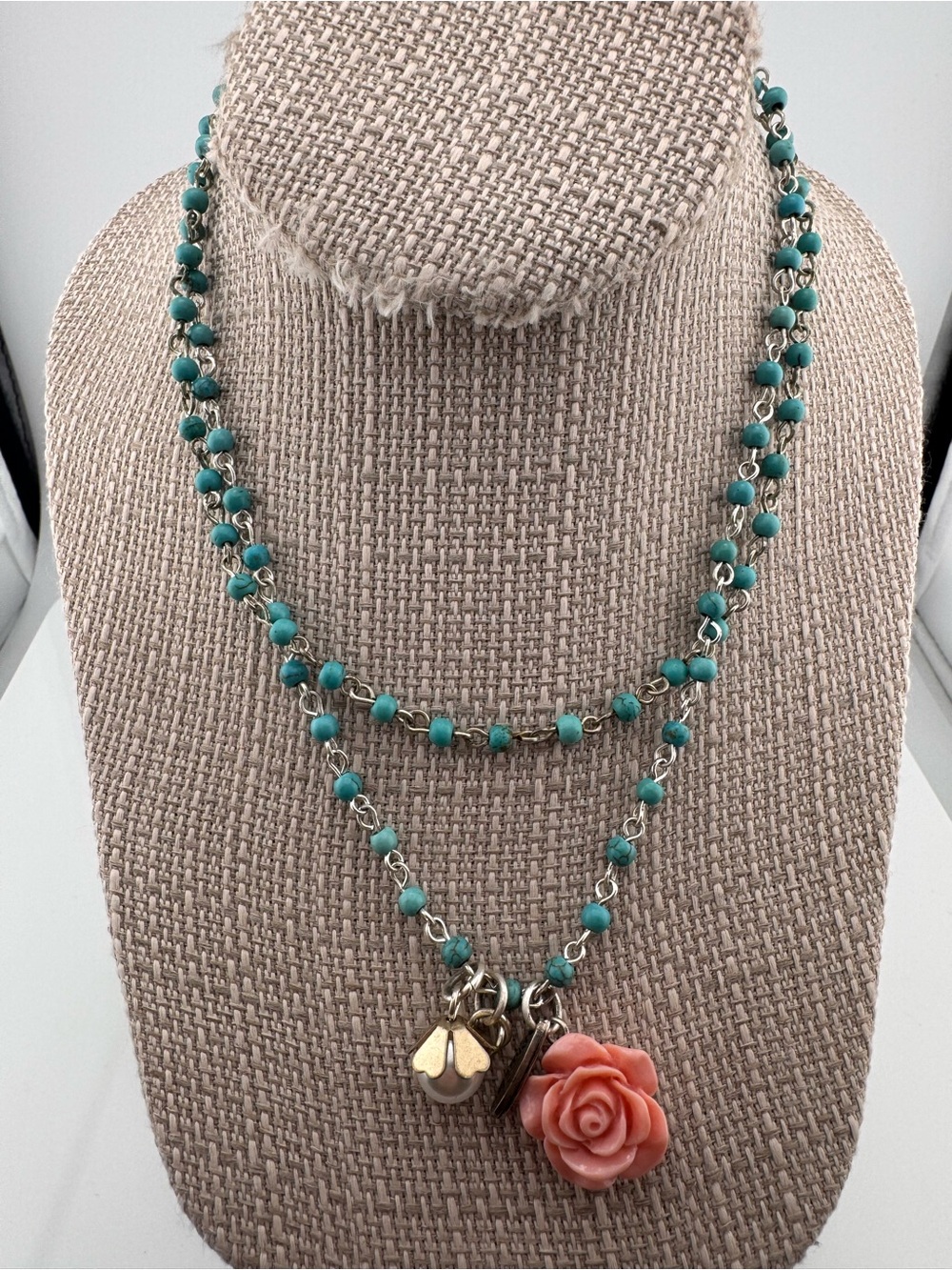 Plunder Turquoise Beaded Charm Necklace Pink Rose Pendant Boho Layered Necklace - Picture 2 of 11
